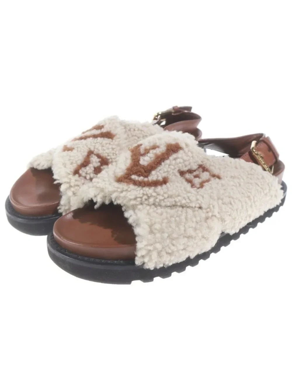 Louis Vuitton Paseo Line Monogram Fleece Shearling Leather Flat Sandals Shoes